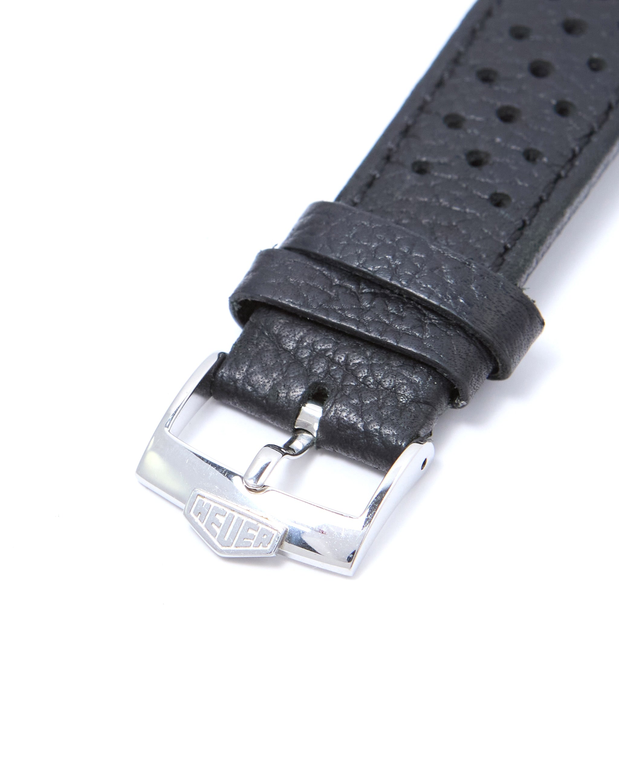 Heuer Autavia Chronograph 7763 Faded Black Bezel in Steel Case on Leather Strap with Heuer Buckle