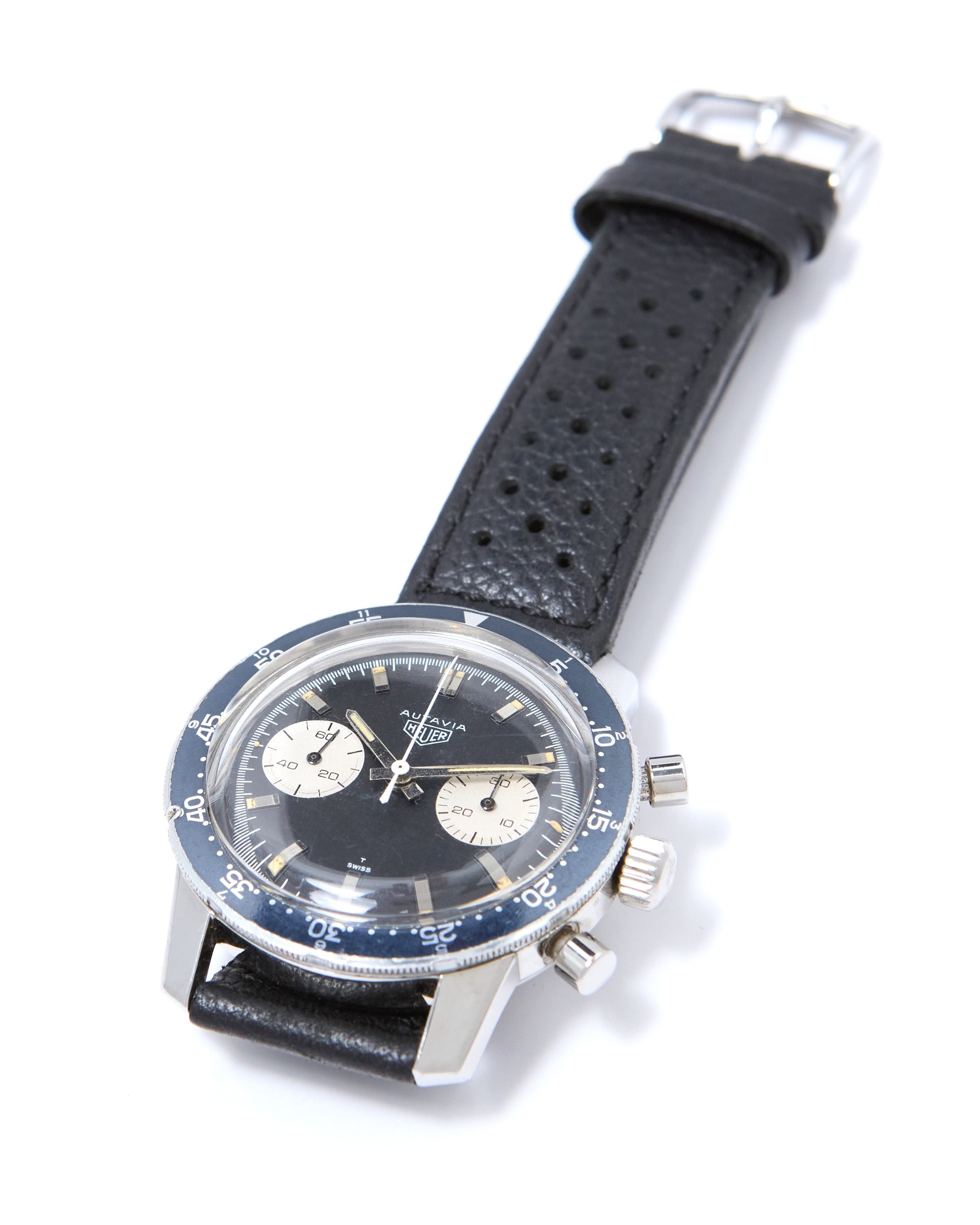 Heuer Autavia Chronograph 7763 Faded Black Bezel in Steel Case on Leather Strap with Heuer Buckle