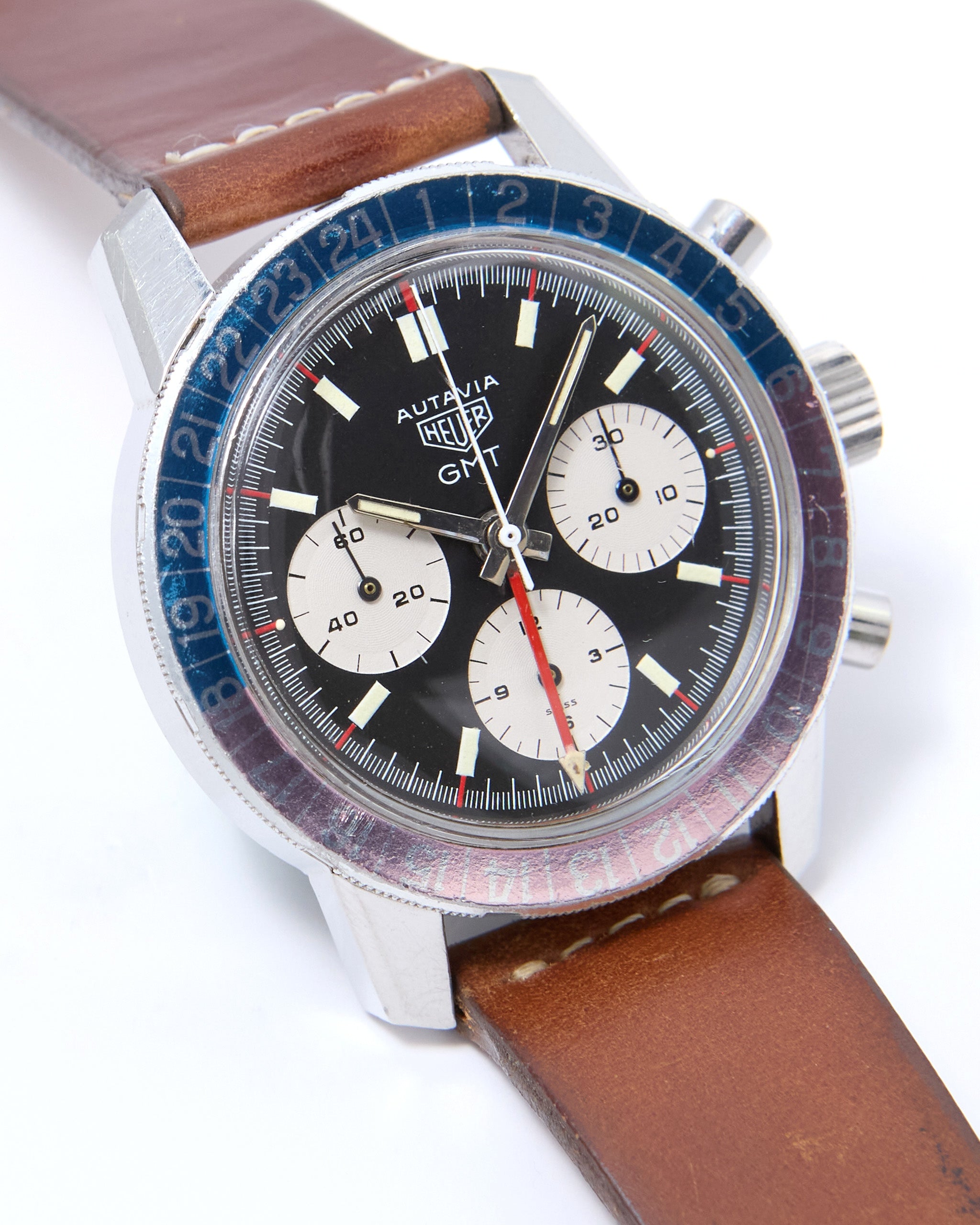 Heuer Autavia GMT Chronograph 2446C with Faded "Pepsi" Bezel in Steel Case on Leather Strap and Buckle