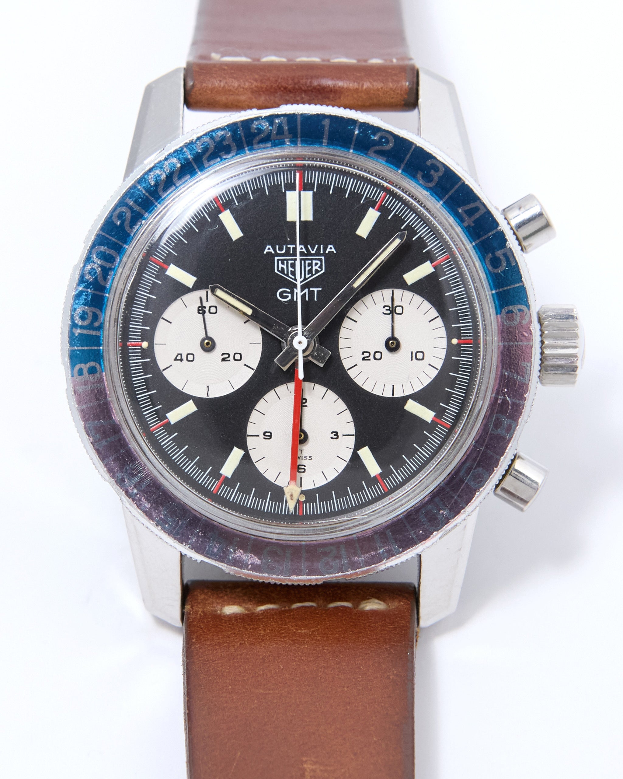 Heuer Autavia GMT Chronograph 2446C with Faded "Pepsi" Bezel in Steel Case on Leather Strap and Buckle