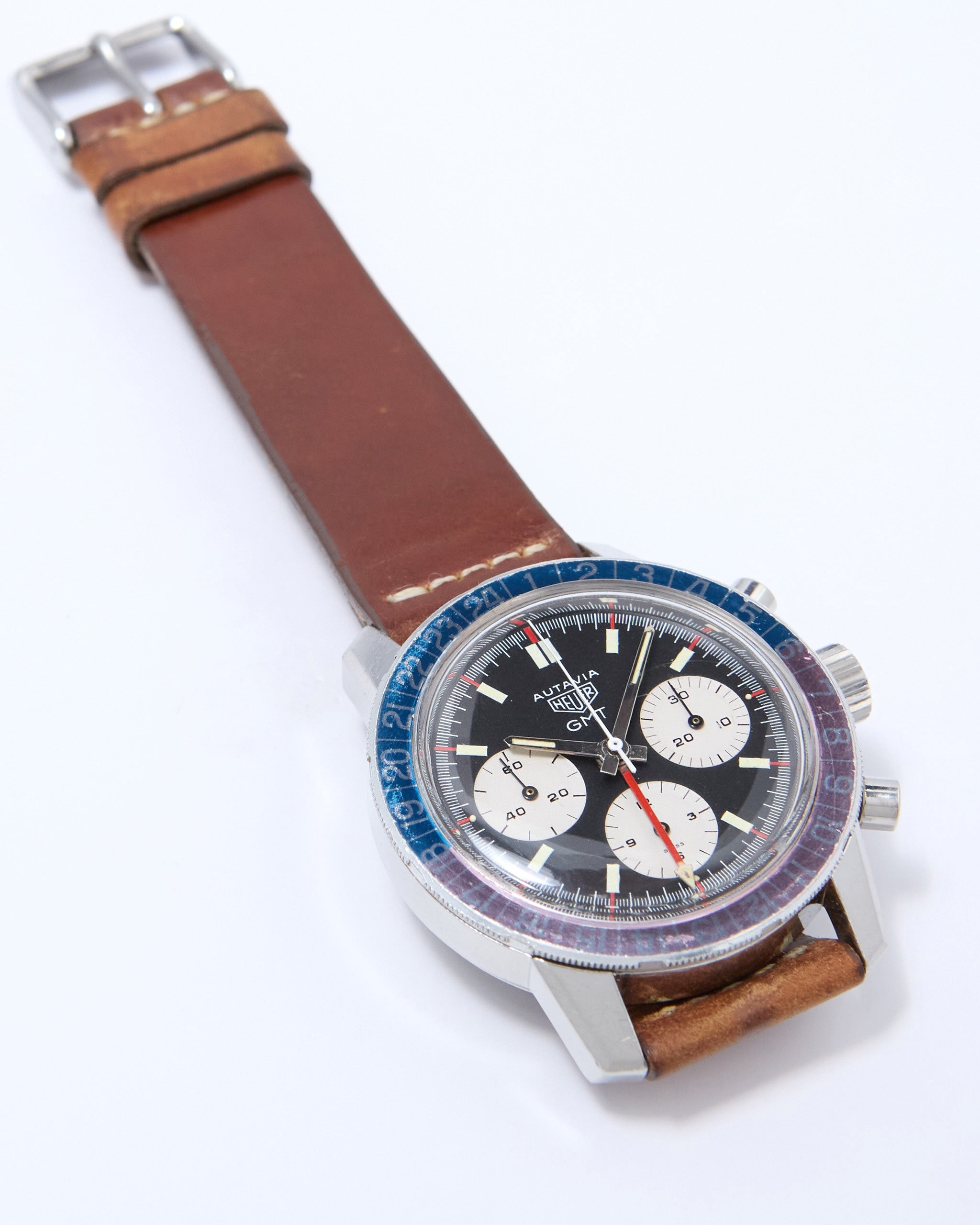 Heuer Autavia GMT Chronograph 2446C with Faded "Pepsi" Bezel in Steel Case on Leather Strap and Buckle