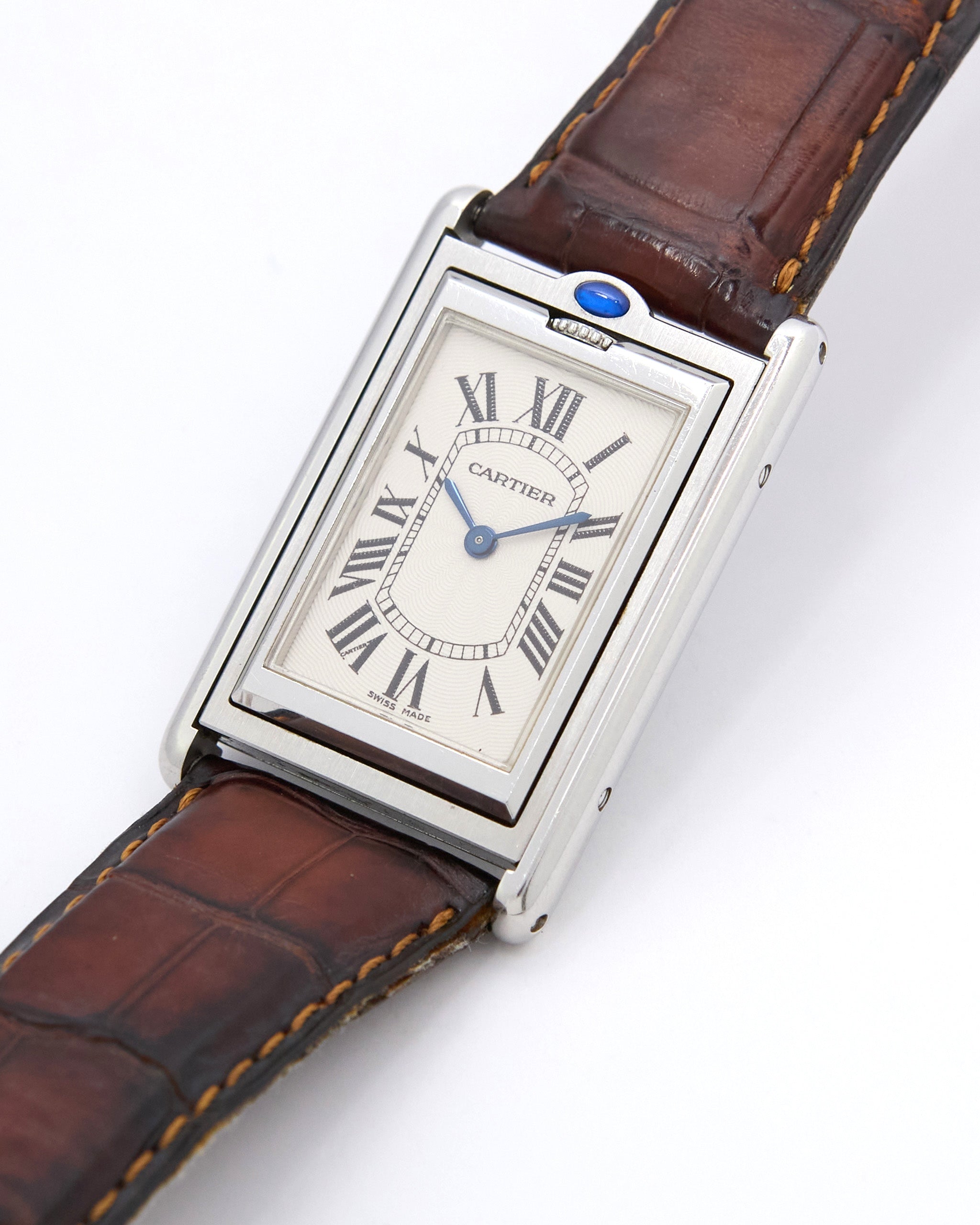 Cartier Tank Basculante 2390 Large Mechanical in Steel Case with Cartier Leather Strap and Cartier Deployant