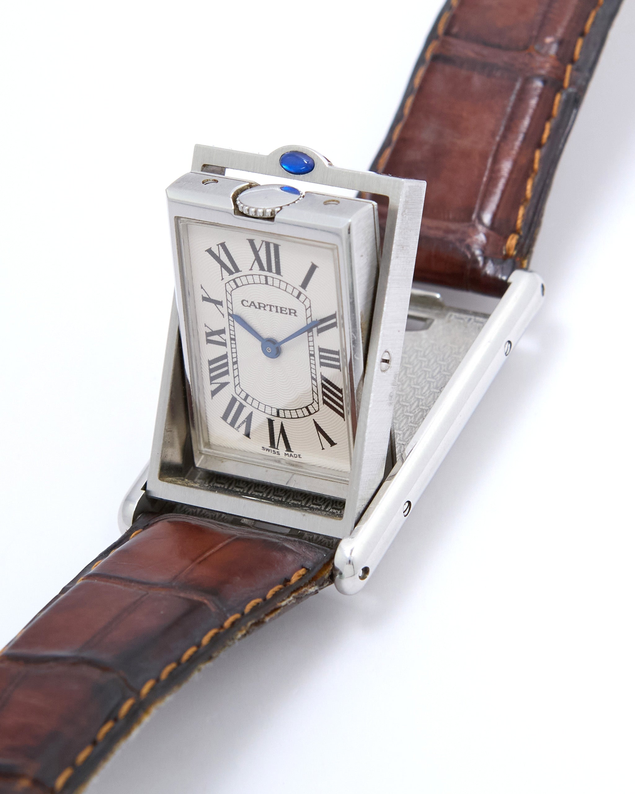 Cartier Tank Basculante 2390 Large Mechanical in Steel Case with Cartier Leather Strap and Cartier Deployant