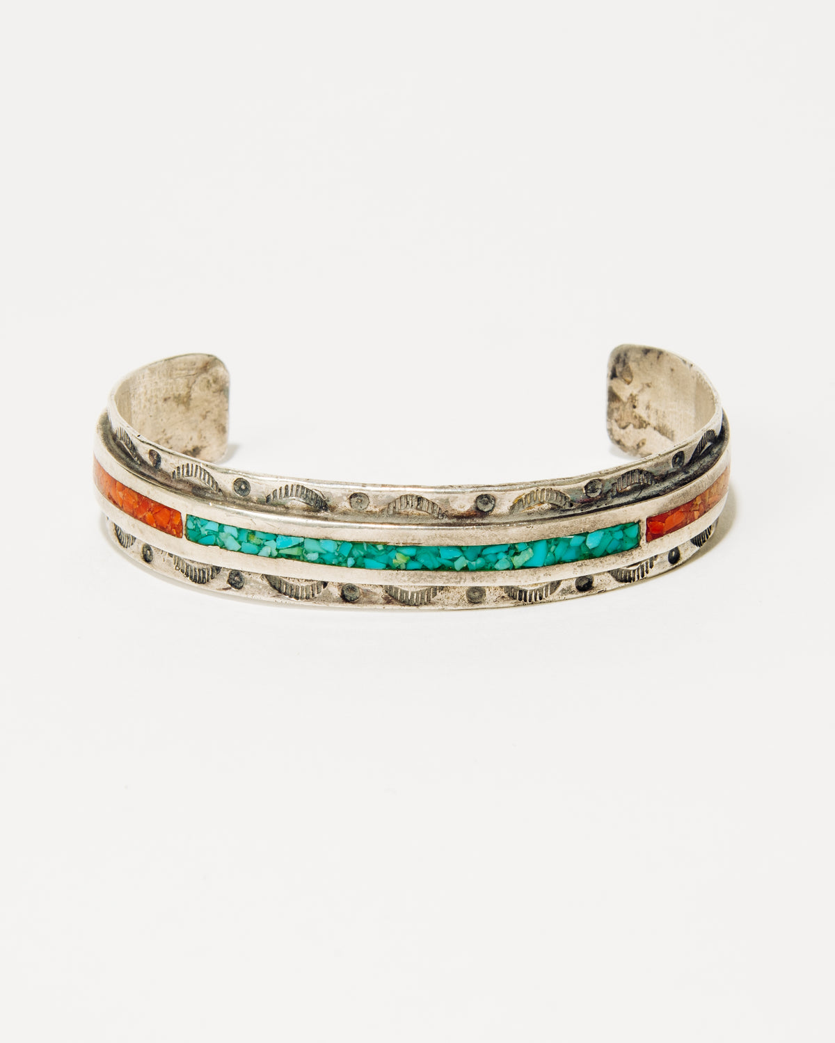Crushed Turquoise and Coral Inlay Silver Cuff with Stamped Border