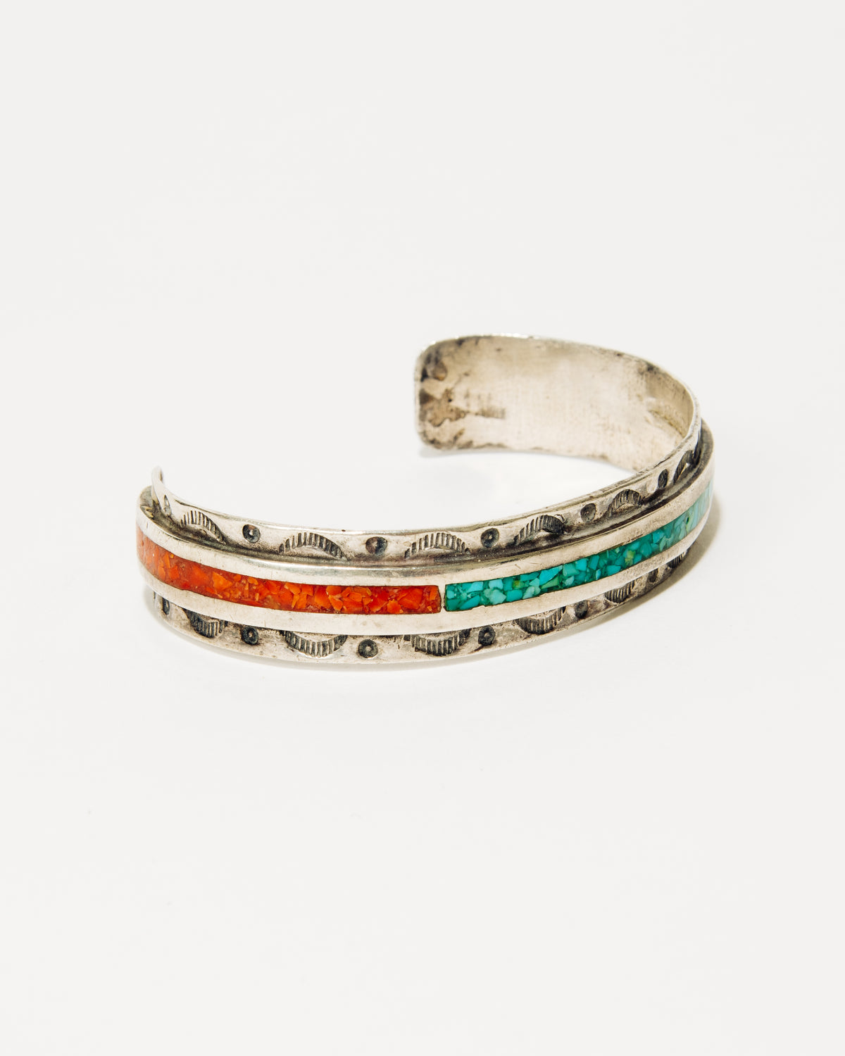 Crushed Turquoise and Coral Inlay Silver Cuff with Stamped Border