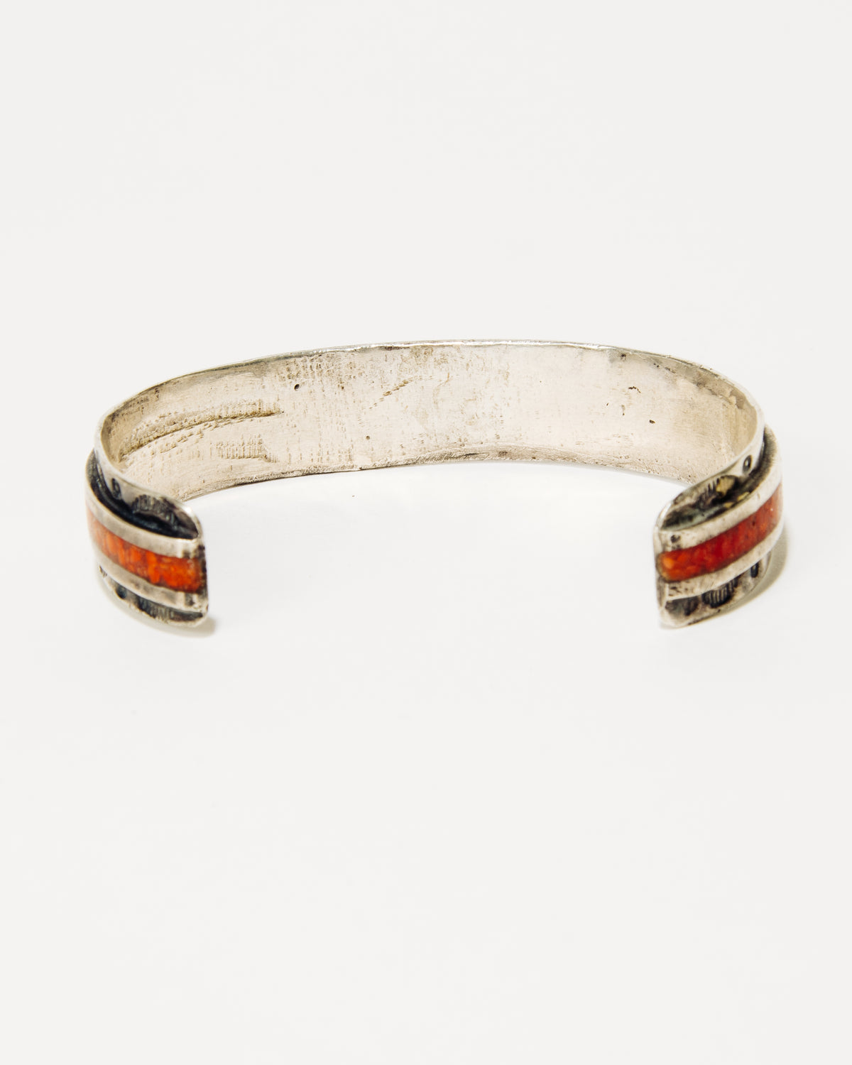 Crushed Turquoise and Coral Inlay Silver Cuff with Stamped Border