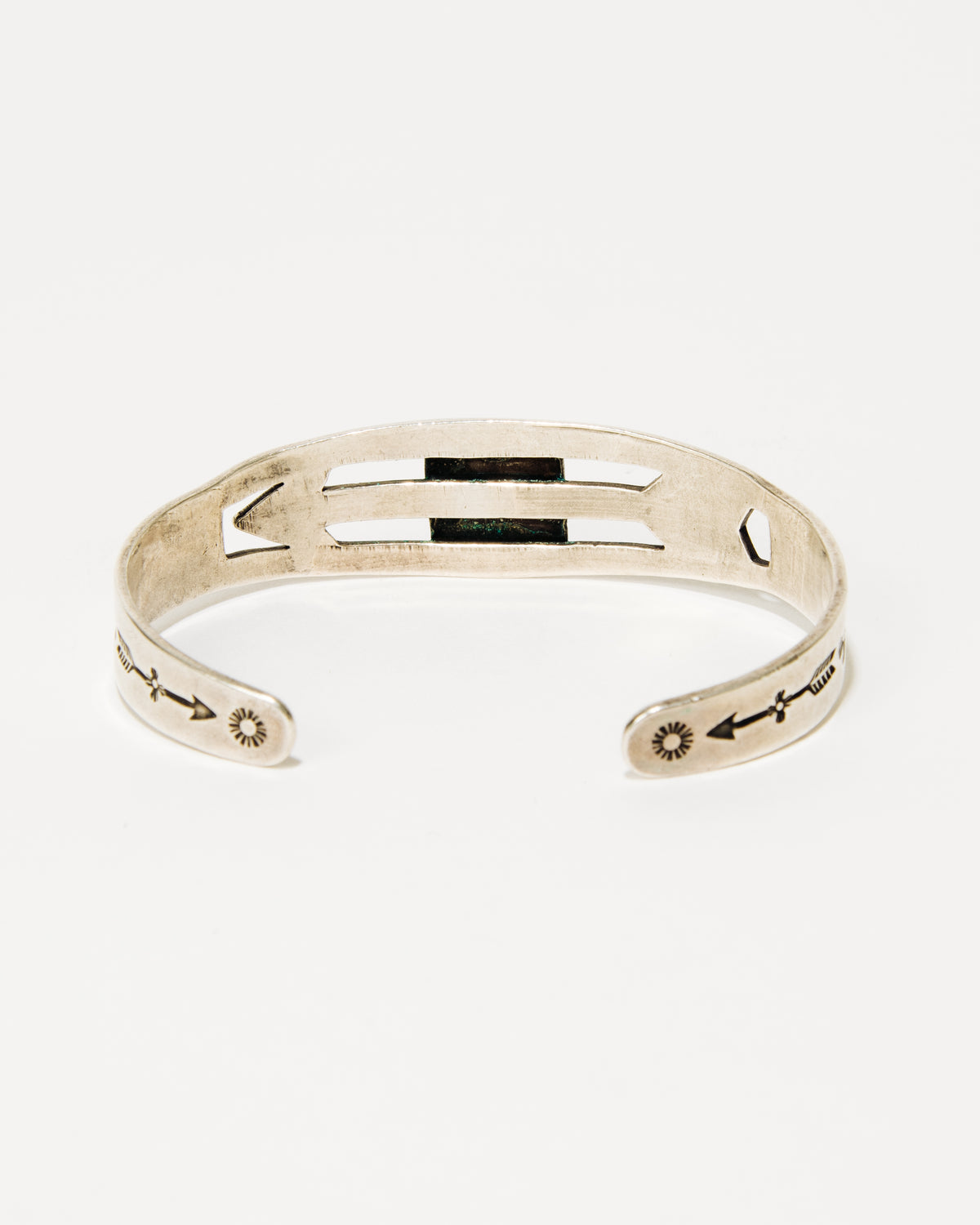 Navajo Stamped Silver Bracelet with Arrow and Turquoise Cabochon, c. 1940