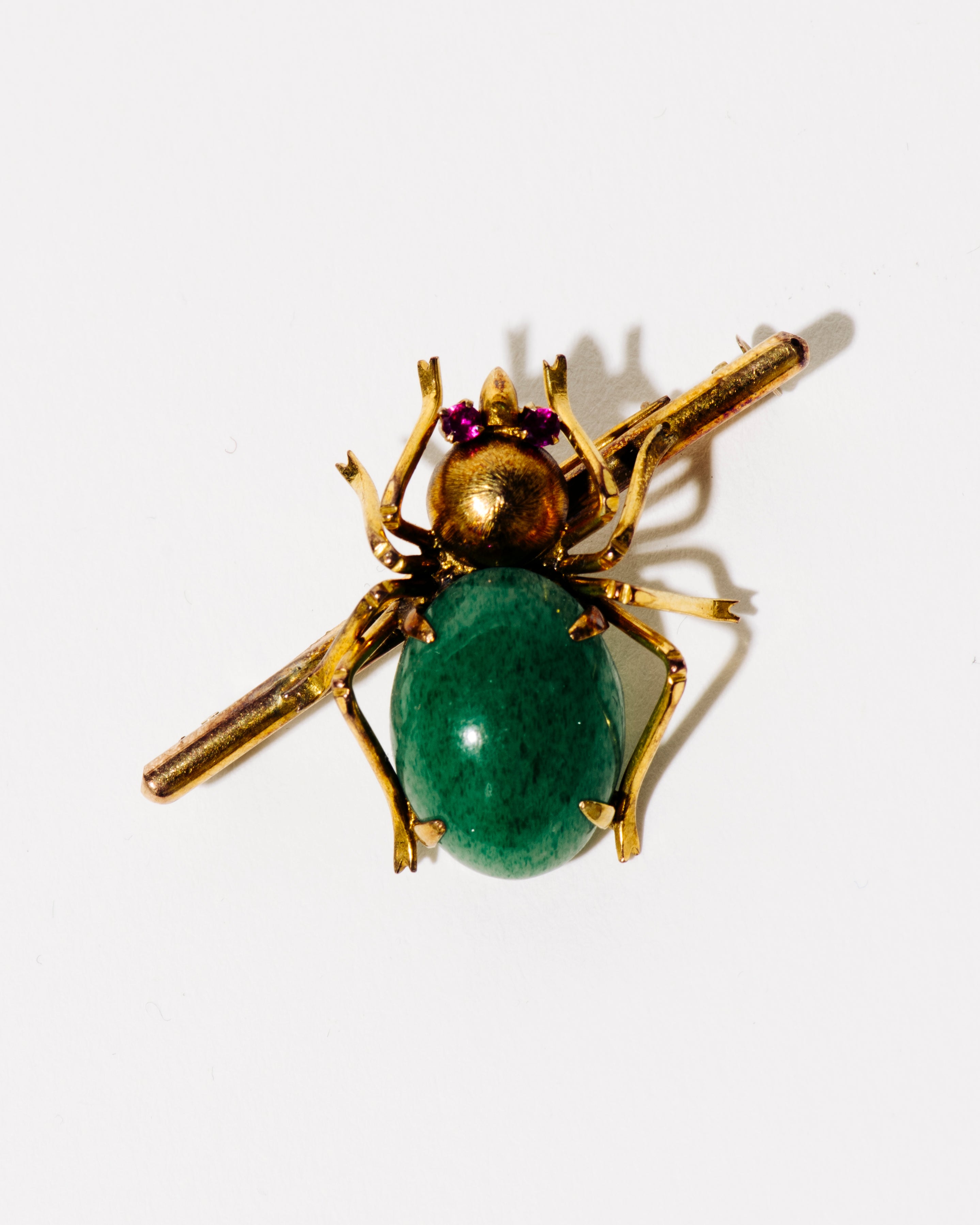 Gold Spider Pin with Aventurine and Ruby Accents