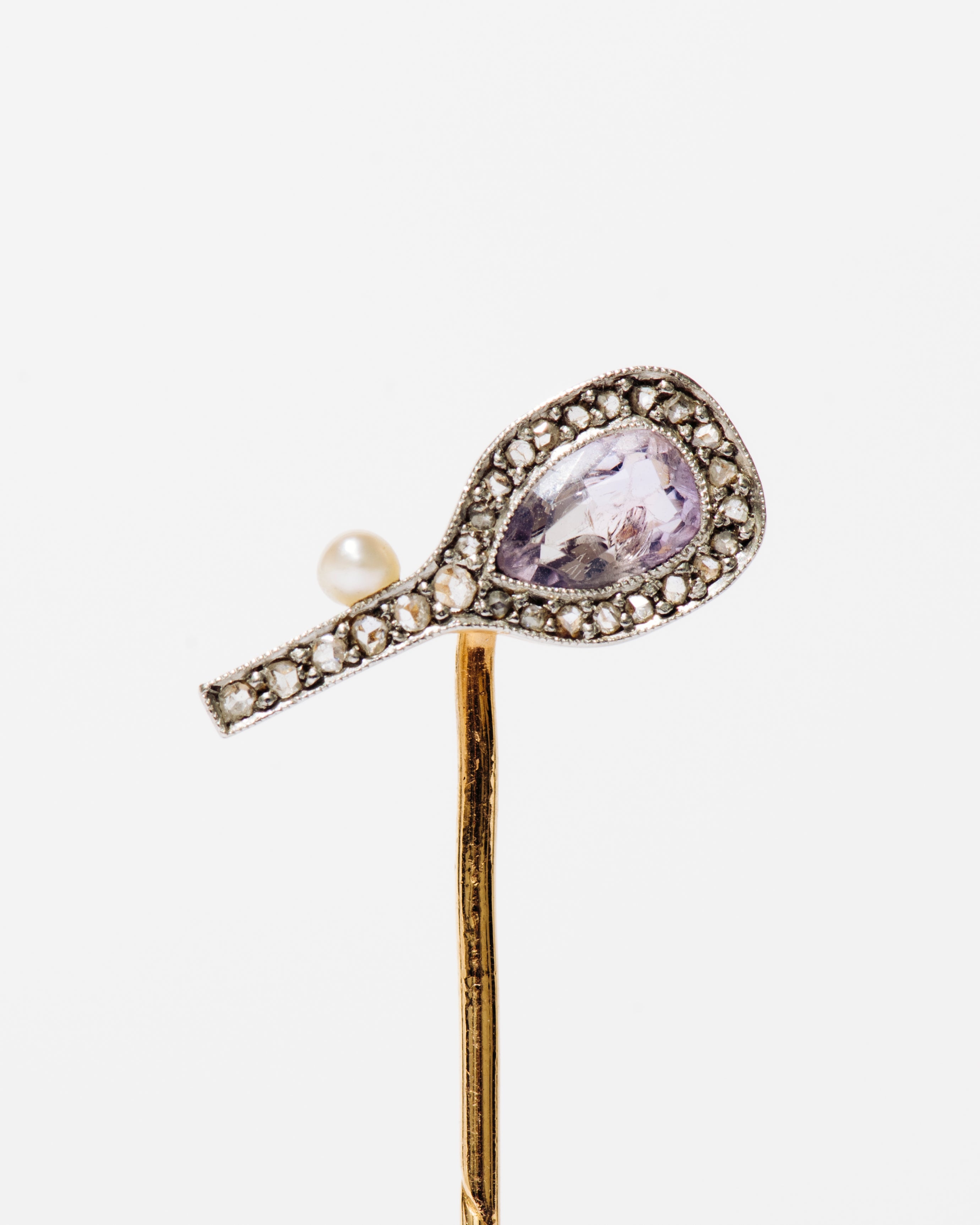 Amethyst, Pearl, and Diamond Tennis Racket Stick Pin