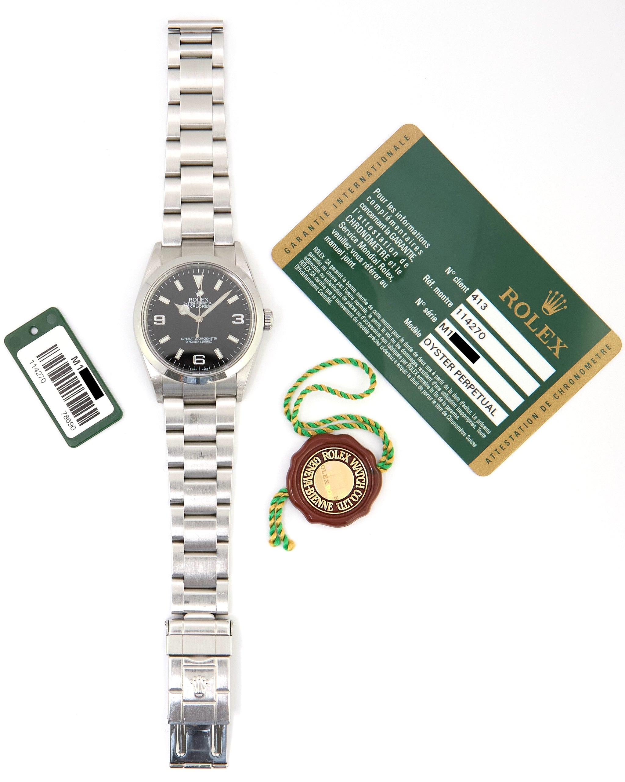 Rolex Explorer I 114270 Black Dial Engraved on Oyster Bracelet with Papers in Unpolished Condition