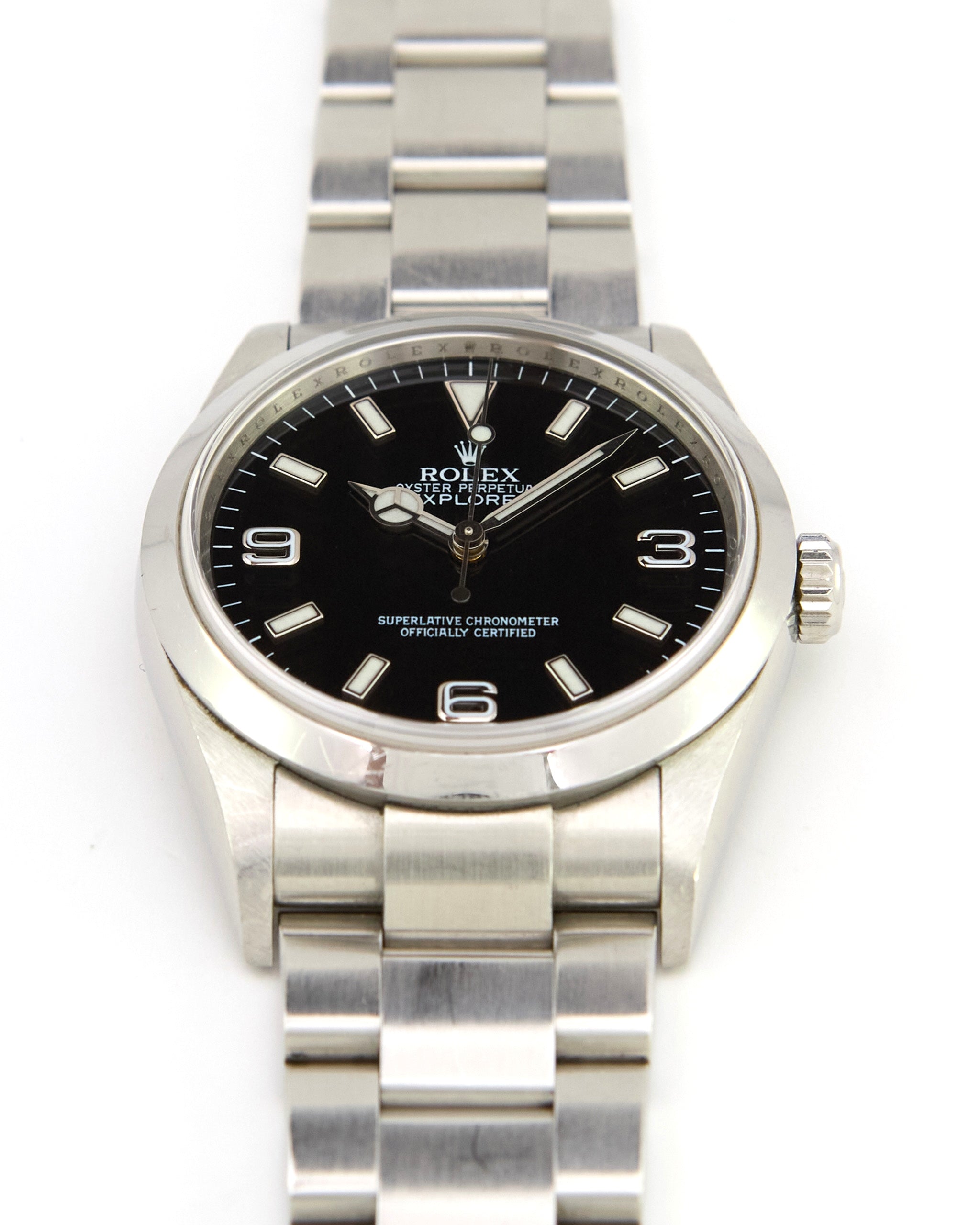 Rolex Explorer I 114270 Black Dial Engraved on Oyster Bracelet with Papers in Unpolished Condition