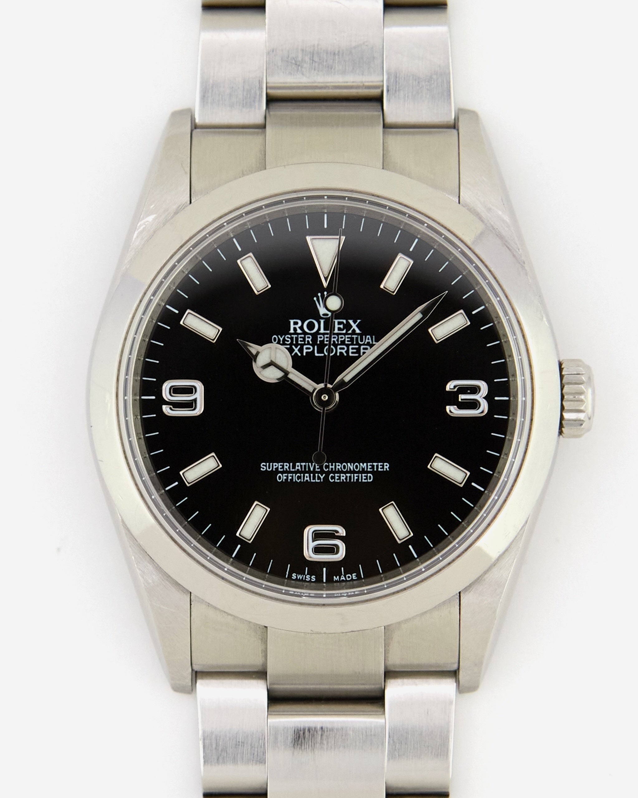 Rolex Explorer I 114270 Black Dial Engraved on Oyster Bracelet with Papers in Unpolished Condition