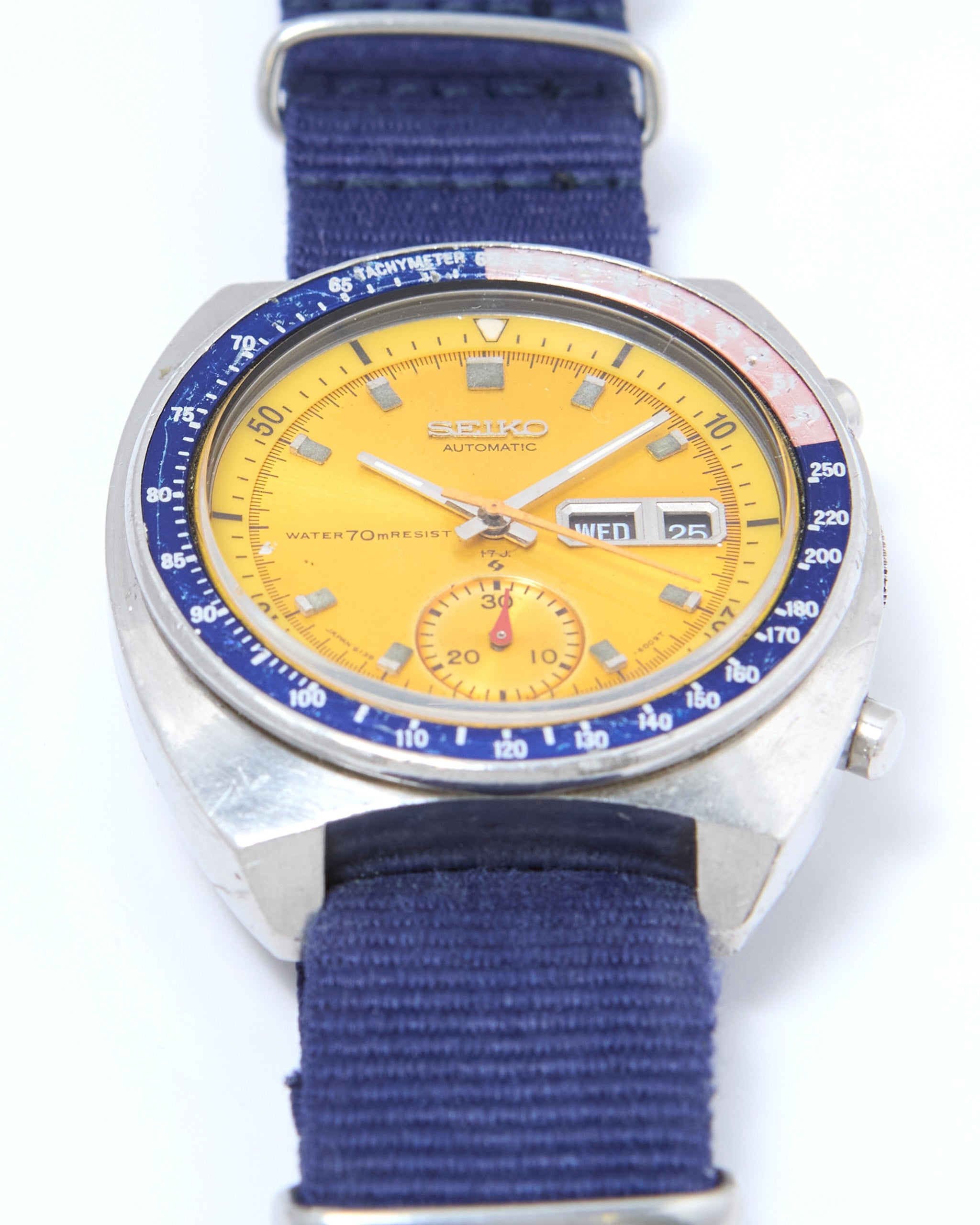 Seiko Pogue Chronograph 6139-6002 Automatic in Steel Case on Blue Nato Strap