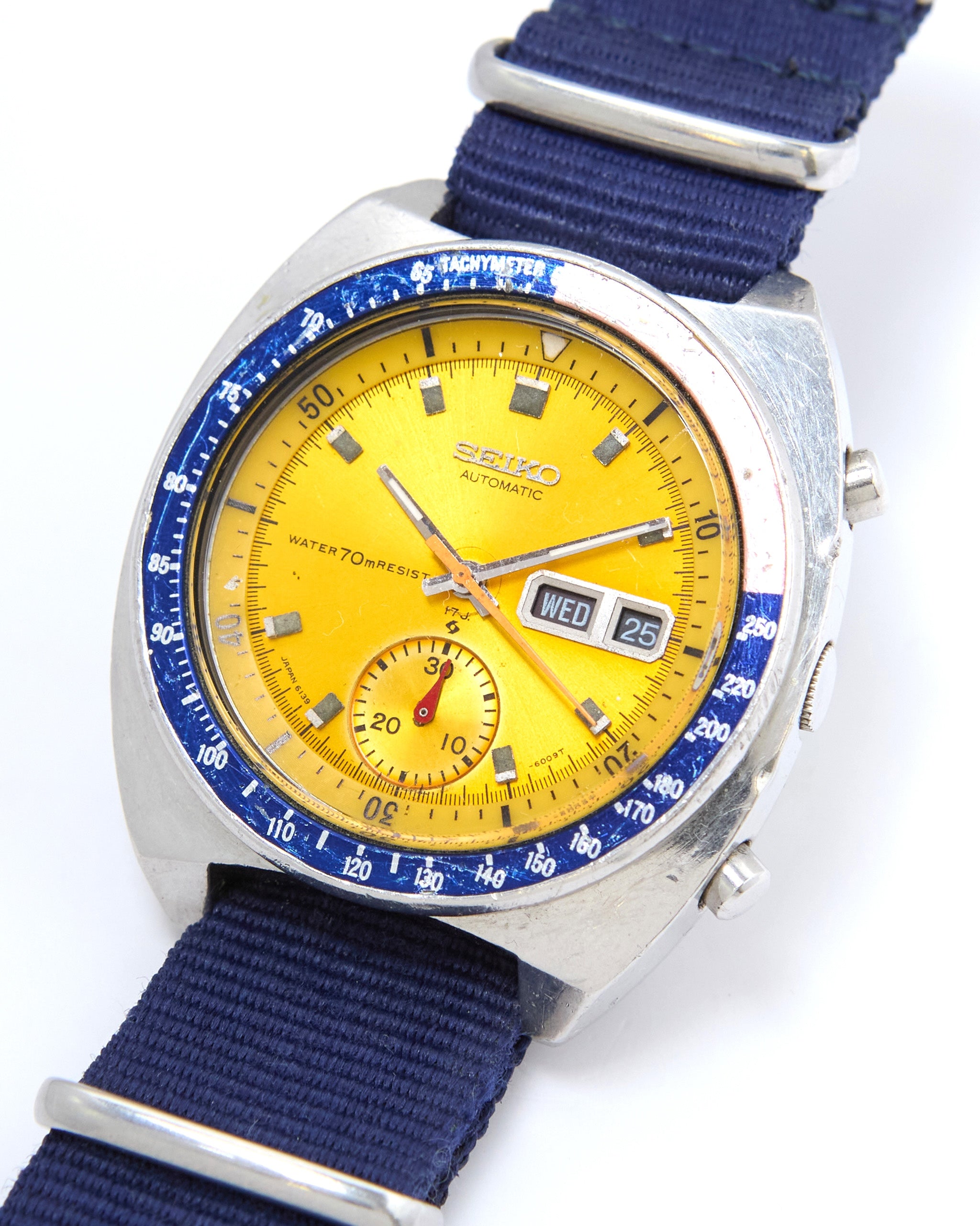 Seiko Pogue Chronograph 6139-6002 Automatic in Steel Case on Blue Nato Strap