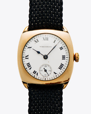 Waltham Cushion Case with Porcelain Dial on Yellow Gold Case